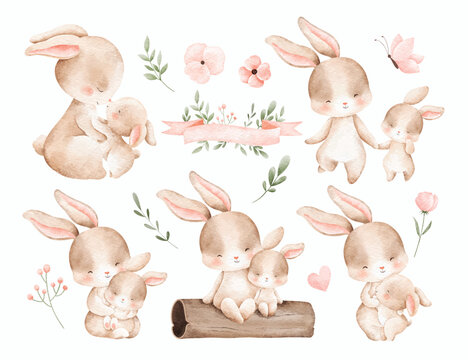 Watercolor Illustration Set of Mother and Baby Rabbit with Nature Elements