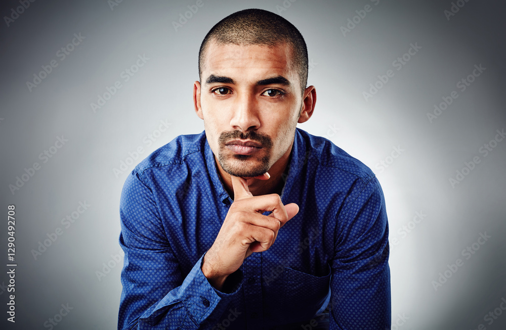 Poster portrait, solution and thinking with business man in studio for ambition, inspiration or opportunity
