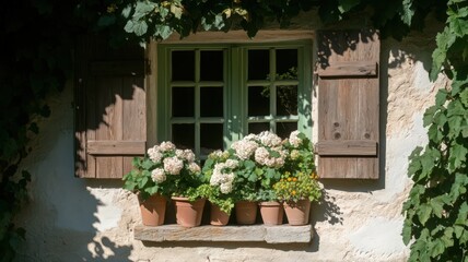 Fototapeta premium Rustic Window with White Flowers and Ivy