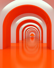 Obraz premium Monumental neon interior housing a levitating orange form, polished metallic floor, reflective