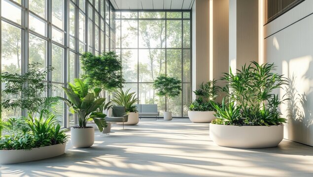 Modern office lobby, plants, sunlight, serene atmosphere