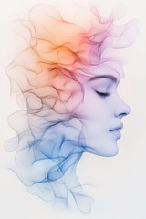 Abstract ephemeral portrait where sections of the face drift apart into colorful wisps, gentle