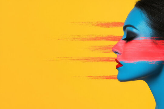 Monochrome human profile disrupted by radiant, irregular patches of vivid color, high contrast