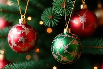 Christmas tree branch with hanging red and gold baubles