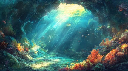 Obraz premium A hidden underwater cave within a coral reef, illuminated by sunbeams filtering through the water.