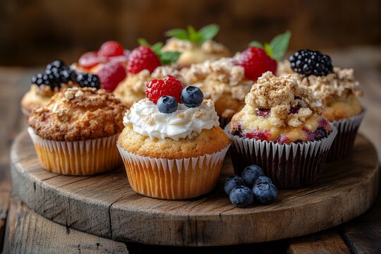 Assorted gourmet cupcakes with fresh berries and crumble topping on rustic wooden board - Powered by Adobe