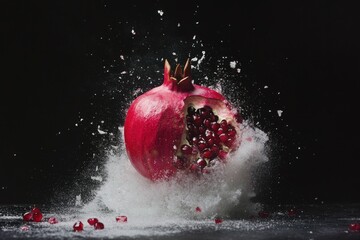 Exploding pomegranate on dark background