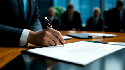A businessman signs a document at a conference table, with colleagues in the background, symbolizing collaboration and professionalism.