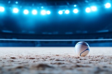 Basketball resting on sandy court under bright lights before a tournament match in an indoor arena