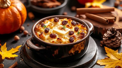 Close-up of warm bread pudding topped with melted butter, golden raisins, a sprinkle of cinnamon, served in rustic ceramic dish with fall leaves backdrop