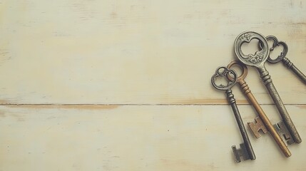 An arrangement of vintage skeleton keys on a light wooden table, offering space for text. picture