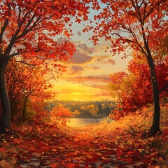 Fototapeta premium Sunlit crimson leaves create a breathtaking autumn forest view Image