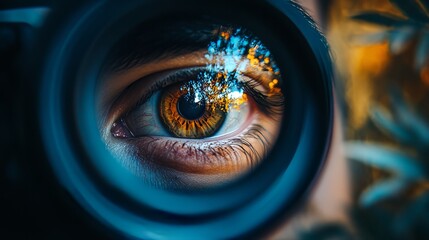 A close-up portrait of a photographer's eye peering through a digital camera viewfinder, with a blurred natural scene behind