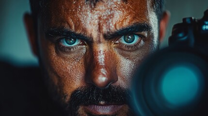 A close-up portrait of a photographer in the middle of a photoshoot, peering into the camera with a serious expression 