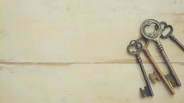 An arrangement of vintage skeleton keys on a light wooden table, offering space for text. picture