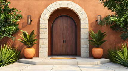 Fototapeta premium Mediterranean-style entrance with terracotta tones and natural stone.