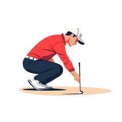 Fototapeta premium A man in a red shirt is kneeling down to pick up a golf ball