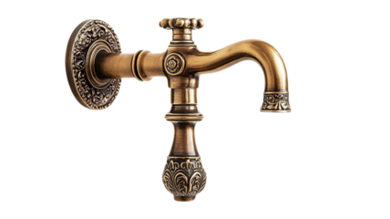 A classic vintage-style brass faucet with intricate detailing, isolated on a transparent background. The faucet features a curved handle and a decorative spout, with a polished finish.