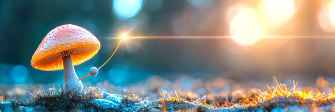 Soft cinematic shot highlighting a single golden mushroom, thin beams of sunlight, blurred forest