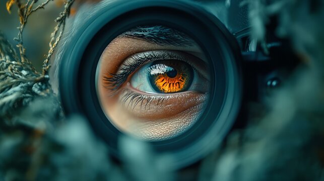 A close-up portrait of a photographer's eye peering through a digital camera viewfinder, with a blurred natural scene behind
