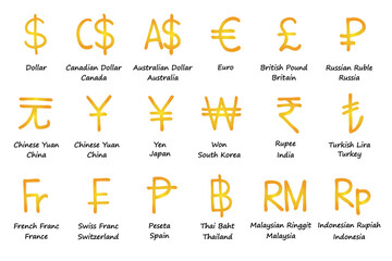 Hand drawn currency symbol set Dollar euro pound ruble yuan yen won rupee lira franc peseta baht ringgit rupiah