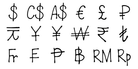 Hand drawn currency symbol set Dollar euro pound ruble yuan yen won rupee lira franc peseta baht ringgit rupiah