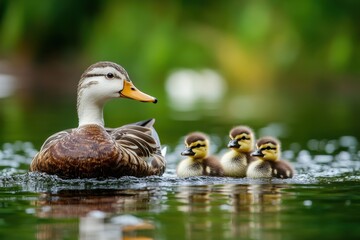 Obraz premium Whiteheaded Duck Oxyura leucocephala swims gracefully with four adorable ducklings on a serene lake, White-headed Duck, Oxyura leucocephala, swimming on a lake Slow motion