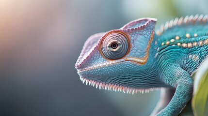Fototapeta premium Brightly colored chameleon perched on a branch in a lush tropical environment during daylight hours