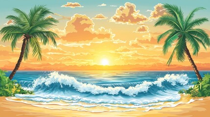 Fototapeta premium Relaxing Tropical Beach Sunset Illustration with Palm Trees