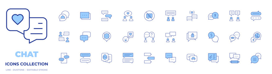 Chat icons collection. Line Duotone style, editable stroke. chat, live chat, chatting, no chat, chat bubble, chats, speech bubble, discuss, dialogue, chart