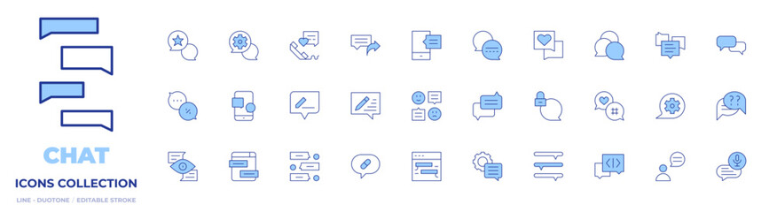 Chat icons collection. Line Duotone style, editable stroke. chat, share, review, comment, settings, chat bubble, communication, voice chat, question