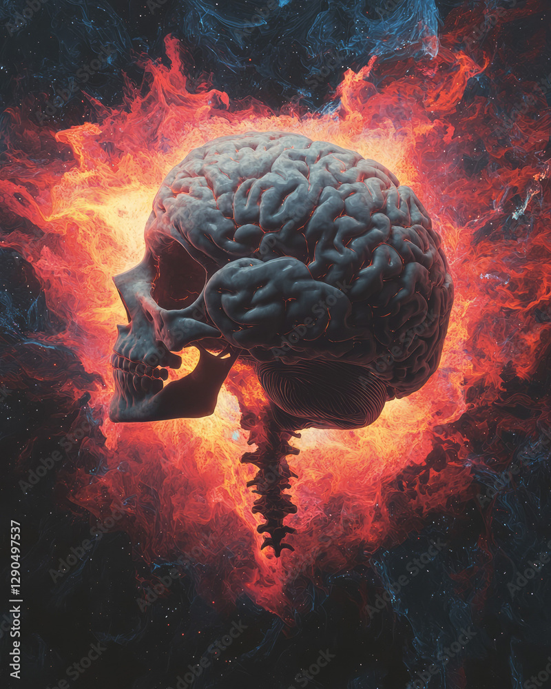 Leinwandbilder surreal arrangement of multiple brain silhouettes layered with bold fractal patterns, bright