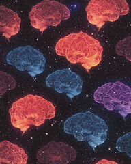 Fototapeta premium Surreal arrangement of multiple brain silhouettes layered with bold fractal patterns, bright