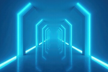 Futuristic Neon Corridor Abstract Light Display with Hexagonal Architecture and Reflective Floor