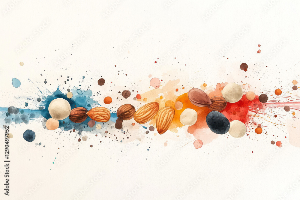 Aufkleber Floating abstract collage of mixed nuts blended with watercolor splashes, soft gradient