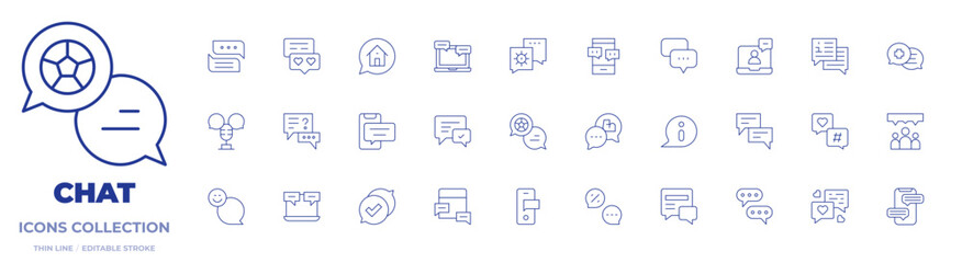 Fototapeta na wymiar Chat icons collection. Thin Line icons, editable stroke. chatting, group chat, feedback, information, message, newspaper, house, chat, video chat
