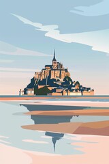 Obraz premium Mont Saint-Michel en Normandie, dessin façon aquarelle, minimaliste et coloré