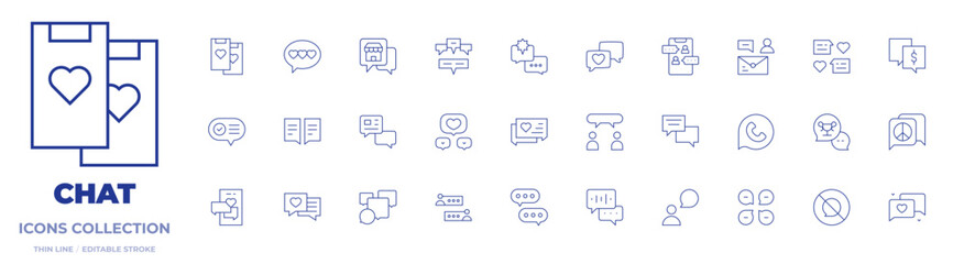 Chat icons collection. Thin Line icons, editable stroke. communication, message, no speak, chat, contacts, speech bubble, slack, like, whatsapp