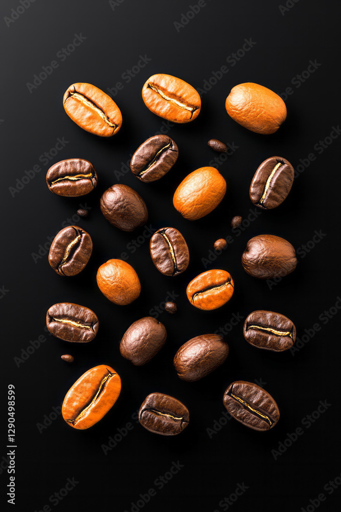 Poster overhead arrangement of roasted coffee beans floating in geometric patterns, bold contrasts, subtle