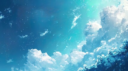 Dreamlike blue sky with fluffy white clouds and sparkling stars.