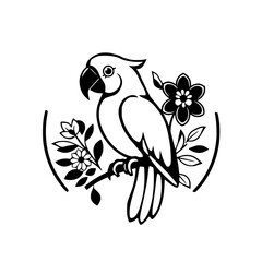 Parrot perched on a floral branch, a graphic style illustration of a parrot holding a flower.