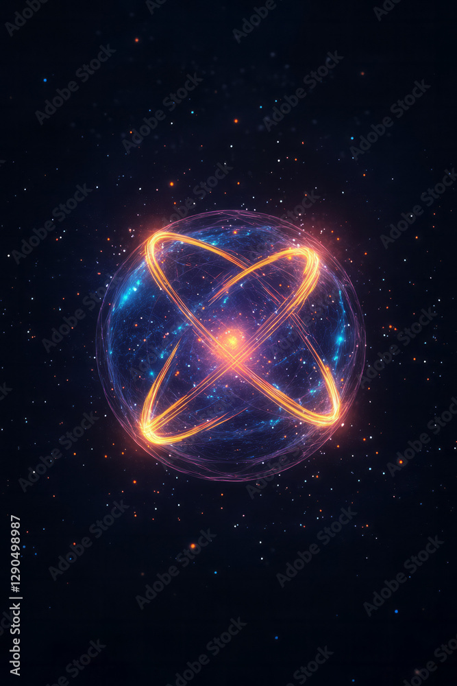 Poster Futuristic display of luminous atom-like structures floating in a dark minimal backdrop, glowing