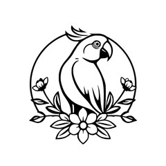 Stylized Black and White Parrot Surrounded by Flowers
