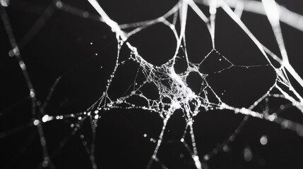 Intricate spider web glistening in light against a dark background capturing nature's delicate design and architecture