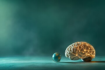 Brain with neural network and globe on teal background