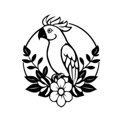 Fototapeta premium Black and white illustration of a parrot framed by a circle, branches, and a flower.