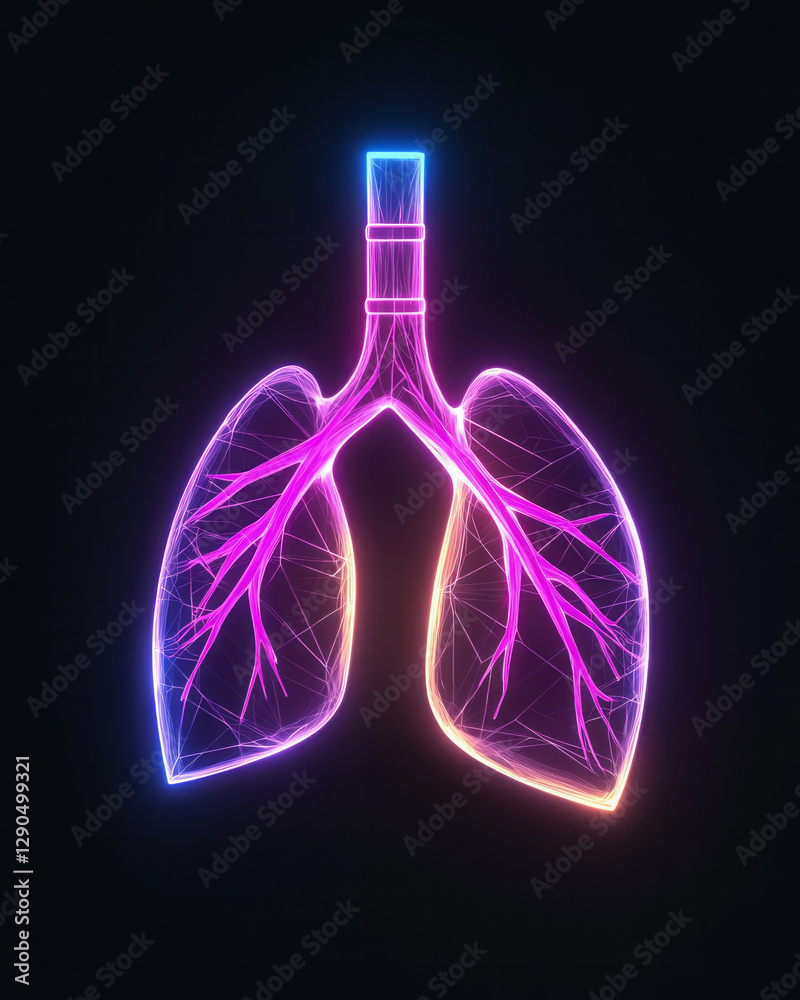 Poster futuristic design featuring neon-outlined lungs intersecting geometric forms, sharp contrasts,