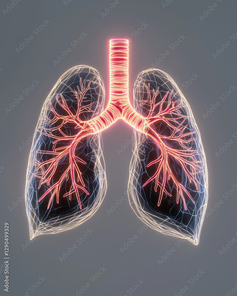 Poster futuristic design featuring neon-outlined lungs intersecting geometric forms, sharp contrasts,