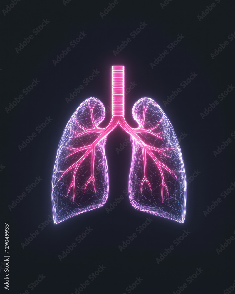 Poster futuristic design featuring neon-outlined lungs intersecting geometric forms, sharp contrasts,