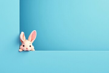 Fototapeta premium Adorable Bunny Peeking from Behind a Light Blue Wall, a Sweet and Playful Image Perfect for Springtime Greetings or Childrens Products